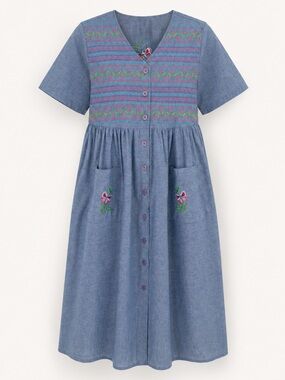 Bechamel Denim Midi Dress with Embroidery Button Front Vintage Size Medium